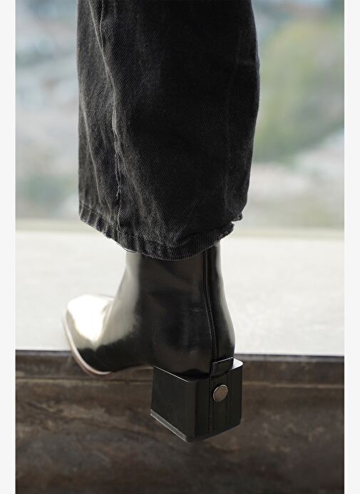 Kadın Topuklu Bot&Bootie Küt Burun Ahşap Desen Ökçe Fermuarlı Günlük Klasik Bot Noyes Siyah - Görsel 6