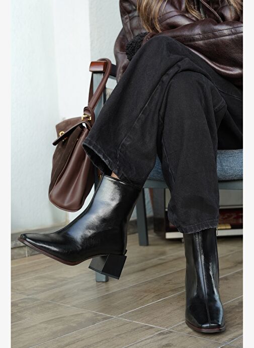 Kadın Topuklu Bot&Bootie Küt Burun Ahşap Desen Ökçe Fermuarlı Günlük Klasik Bot Noyes Siyah - Görsel 3