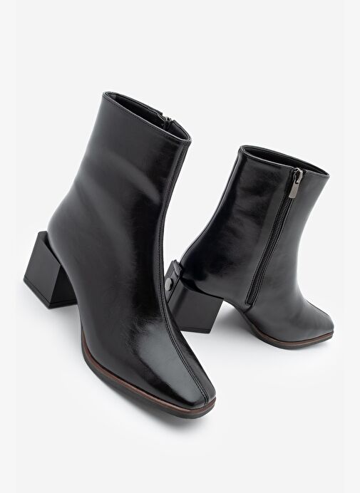 Kadın Topuklu Bot&Bootie Küt Burun Ahşap Desen Ökçe Fermuarlı Günlük Klasik Bot Noyes Siyah - Görsel 2