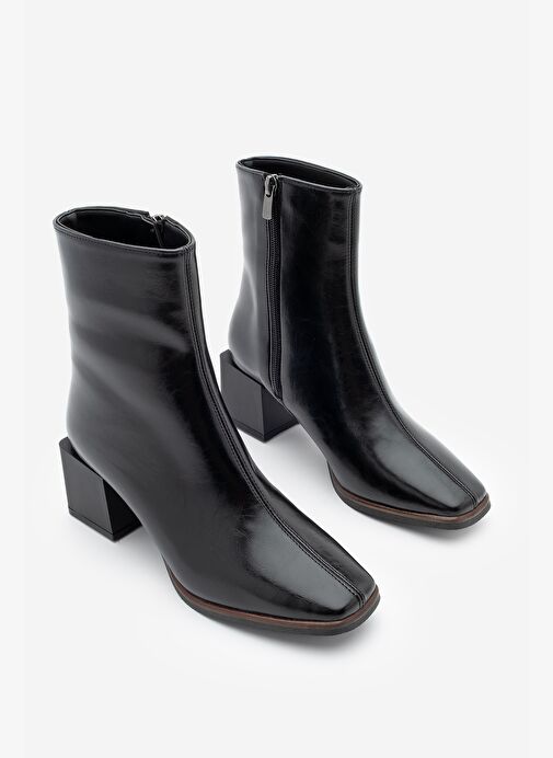 Kadın Topuklu Bot&Bootie Küt Burun Ahşap Desen Ökçe Fermuarlı Günlük Klasik Bot Noyes Siyah - Görsel 5