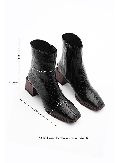 Kadın Topuklu Bot&Bootie Küt Burun Ahşap Desen Ökçe Fermuarlı Günlük Klasik Bot Sayen Siyah Croco - Görsel 9