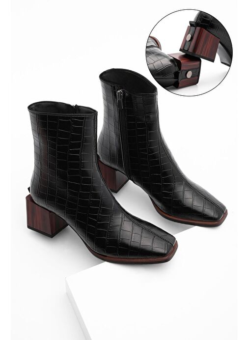 Kadın Topuklu Bot&Bootie Küt Burun Ahşap Desen Ökçe Fermuarlı Günlük Klasik Bot Sayen Siyah Croco - Görsel 5