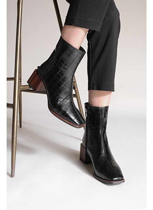 Kadın Topuklu Bot&Bootie Küt Burun Ahşap Desen Ökçe Fermuarlı Günlük Klasik Bot Sayen Siyah Croco - Görsel 6