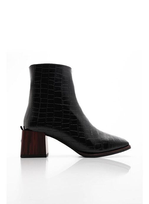 Kadın Topuklu Bot&Bootie Küt Burun Ahşap Desen Ökçe Fermuarlı Günlük Klasik Bot Sayen Siyah Croco - Görsel 2