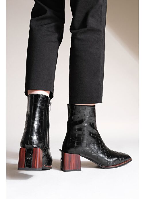 Kadın Topuklu Bot&Bootie Küt Burun Ahşap Desen Ökçe Fermuarlı Günlük Klasik Bot Sayen Siyah Croco - Görsel 7