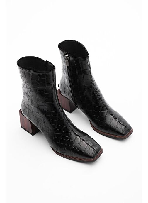 Kadın Topuklu Bot&Bootie Küt Burun Ahşap Desen Ökçe Fermuarlı Günlük Klasik Bot Sayen Siyah Croco - Görsel 3