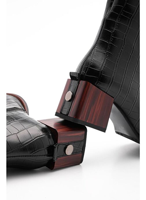 Kadın Topuklu Bot&Bootie Küt Burun Ahşap Desen Ökçe Fermuarlı Günlük Klasik Bot Sayen Siyah Croco - Görsel 8