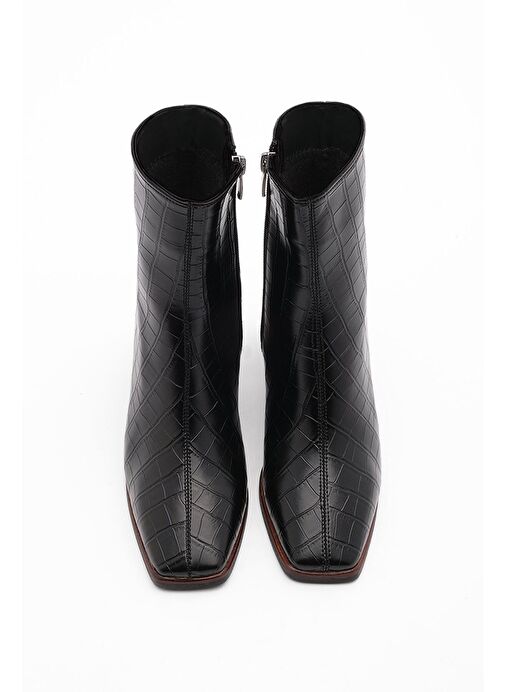 Kadın Topuklu Bot&Bootie Küt Burun Ahşap Desen Ökçe Fermuarlı Günlük Klasik Bot Sayen Siyah Croco - Görsel 4