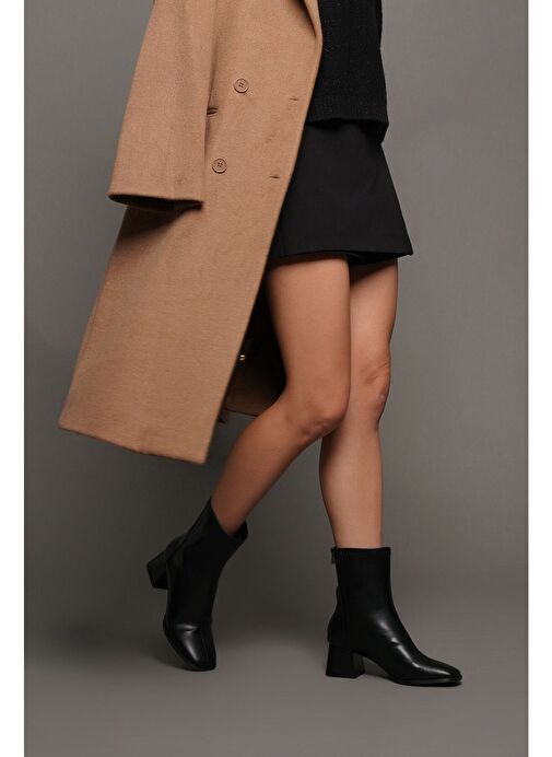 Kadın Topuklu Bot Küt Burun Arkadan Fermuarlı Nayis Siyah - Görsel 3