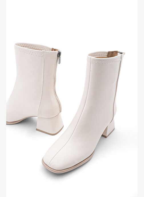 Kadın Topuklu Bot Küt Burun Arkadan Fermuarlı Nayis Ekru - Görsel 2