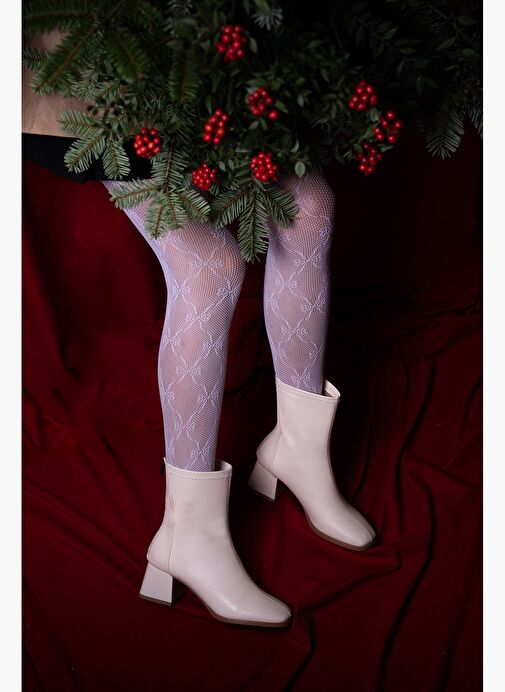 Kadın Topuklu Bot Küt Burun Arkadan Fermuarlı Nayis Ekru - Görsel 5