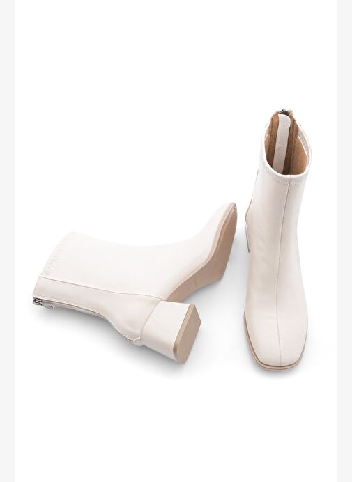 Kadın Topuklu Bot Küt Burun Arkadan Fermuarlı Nayis Ekru - Görsel 8