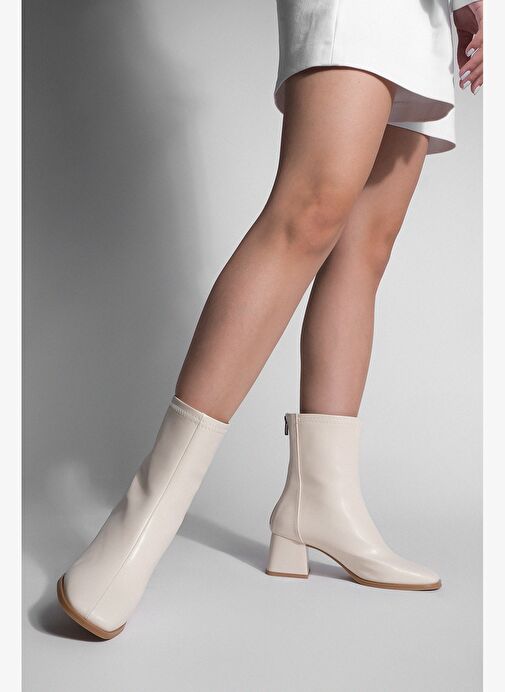 Kadın Topuklu Bot Küt Burun Arkadan Fermuarlı Nayis Ekru - Görsel 7
