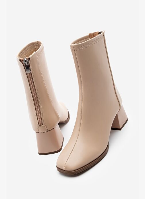 Kadın Topuklu Bot Küt Burun Arkadan Fermuarlı Nayis Bej - Görsel 2