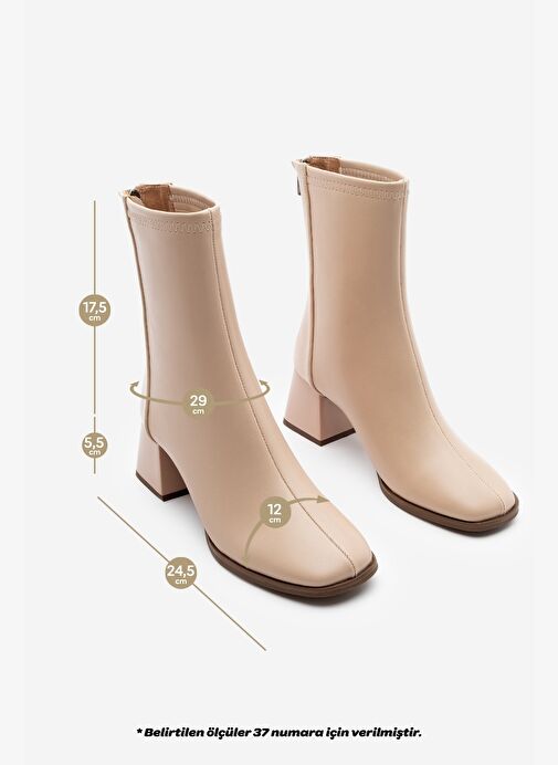 Kadın Topuklu Bot Küt Burun Arkadan Fermuarlı Nayis Bej - Görsel 9