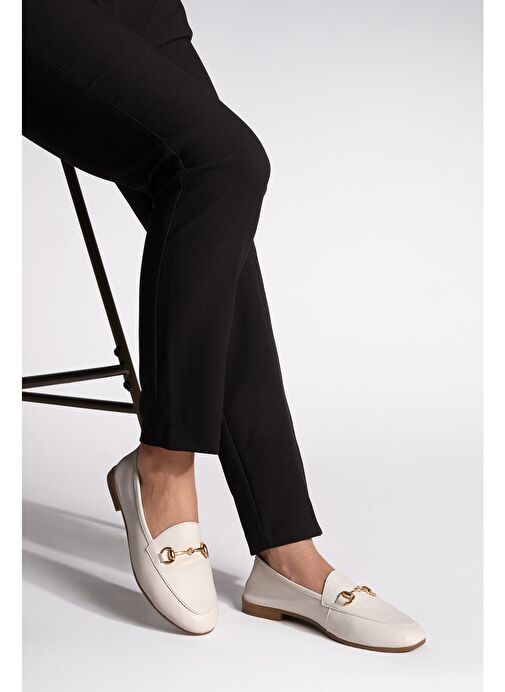 Kadın Hakiki Deri Zincirli Loafer Günlük Ayakkabı Tanle Bej - Görsel 4