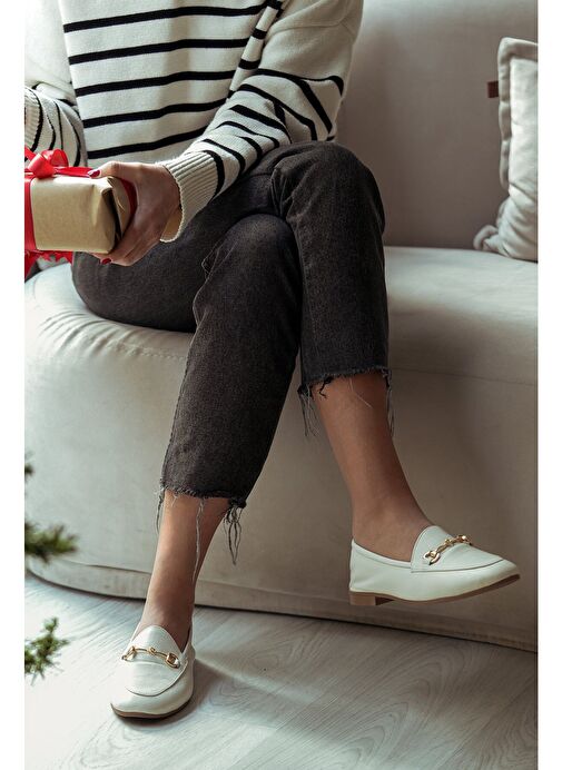 Kadın Hakiki Deri Zincirli Loafer Günlük Ayakkabı Tanle Bej - Görsel 6