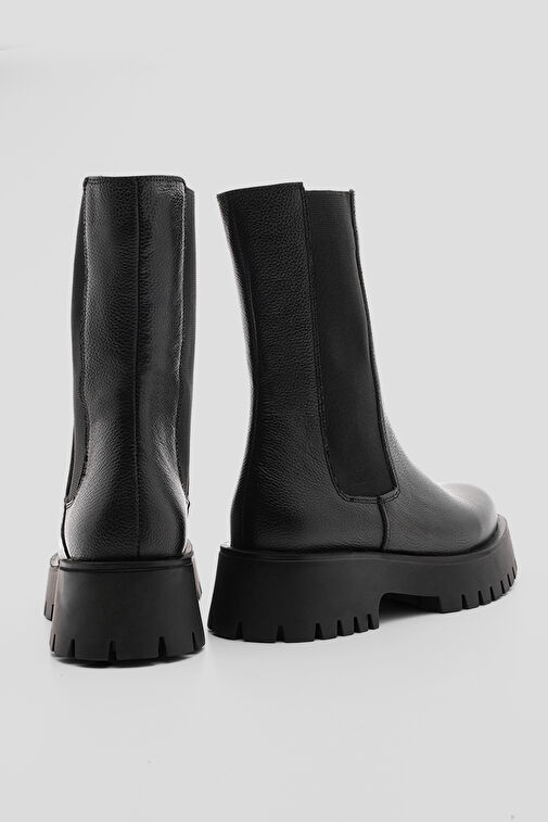 Kadın Hakiki Deri Günlük Bot Kalın Tırtıklı Taban Elastik Yan Bantlı Bukre Siyah - Görsel 5