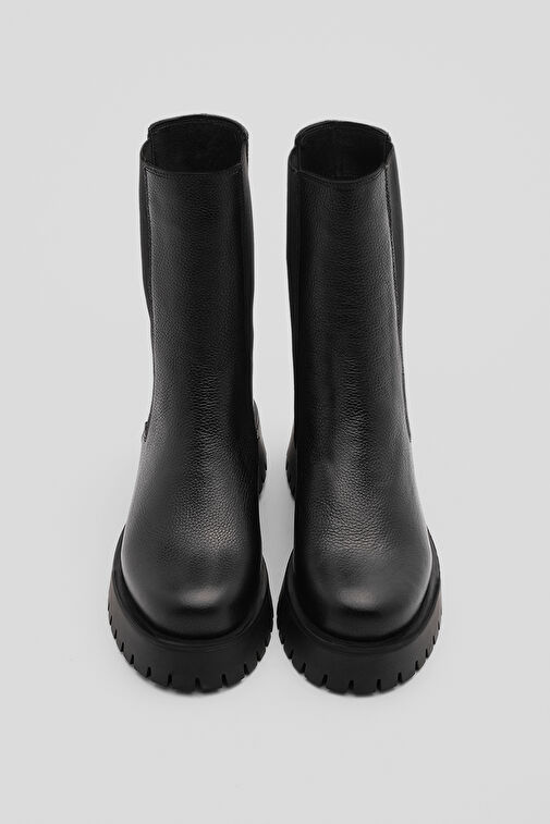 Kadın Hakiki Deri Günlük Bot Kalın Tırtıklı Taban Elastik Yan Bantlı Bukre Siyah - Görsel 7