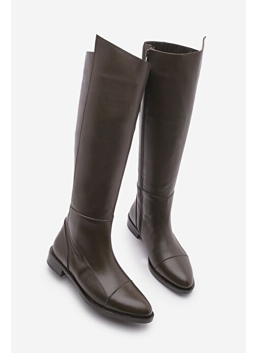 Kadın Hakiki Deri Günlük Çizme Dizaltı Fermuarlı Klasik Çizme Anis Kahve - Görsel 2