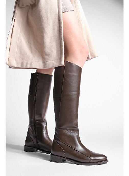 Kadın Hakiki Deri Günlük Çizme Dizaltı Fermuarlı Klasik Çizme Anis Kahve - Görsel 5