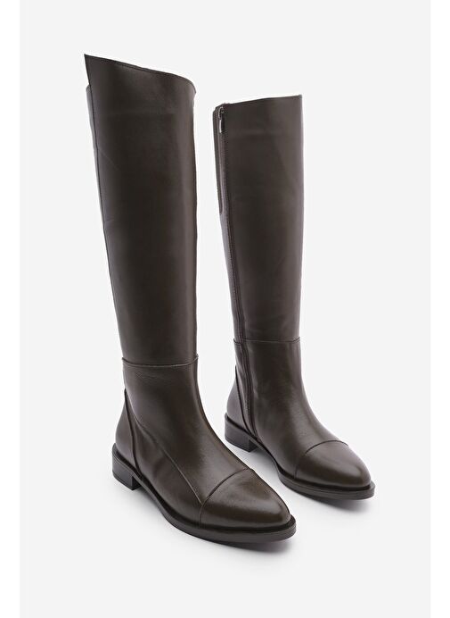 Kadın Hakiki Deri Günlük Çizme Dizaltı Fermuarlı Klasik Çizme Anis Kahve - Görsel 3