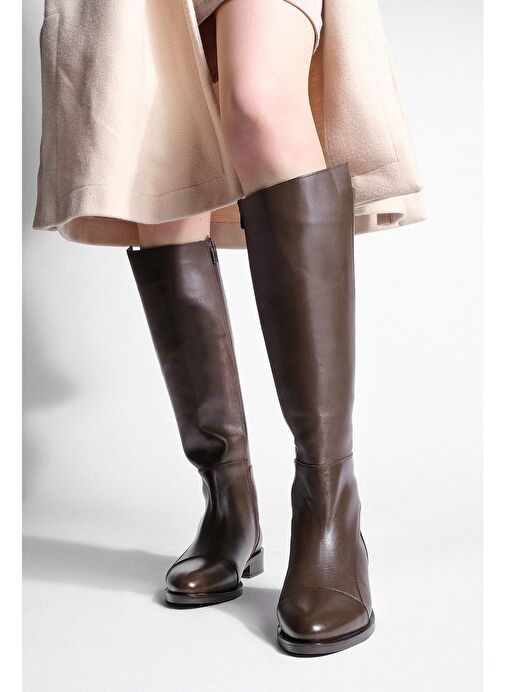 Kadın Hakiki Deri Günlük Çizme Dizaltı Fermuarlı Klasik Çizme Anis Kahve - Görsel 6