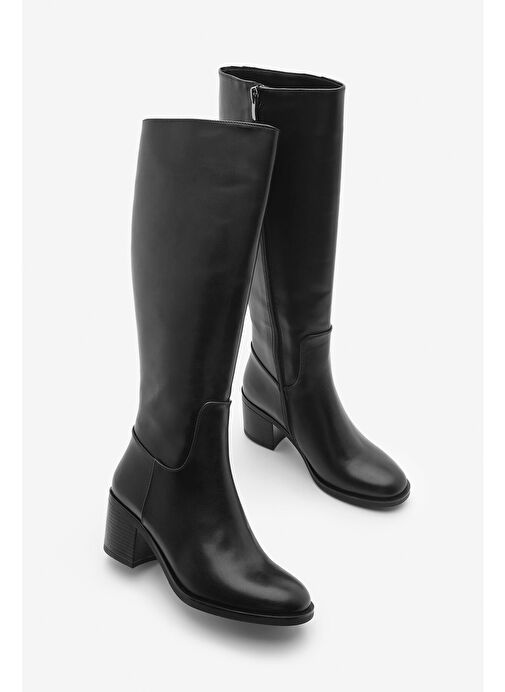 Kadın Topuklu Çizme Dizaltı Fermuarlı Günlük Klasik Çizme Yovar Siyah - Görsel 2