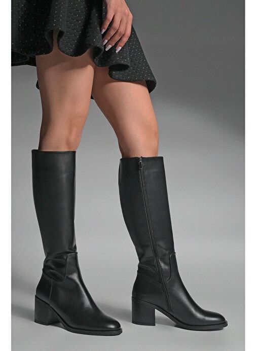Kadın Topuklu Çizme Dizaltı Fermuarlı Günlük Klasik Çizme Yovar Siyah - Görsel 4
