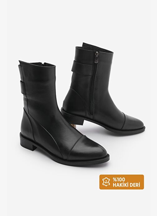 Kadın Hakiki Deri Günlük Bot Fermuarlı Tekas Siyah - Görsel 2