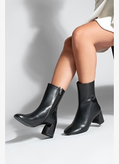 Kadın Topuklu Bot Küt Burun Fermuarlı Nonas Siyah - Görsel 3