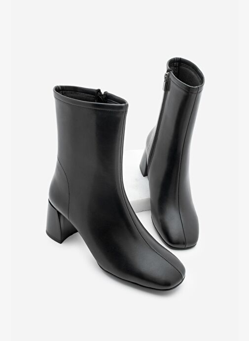 Kadın Topuklu Bot Küt Burun Fermuarlı Nonas Siyah - Görsel 2