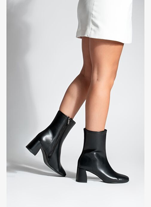 Kadın Topuklu Bot Küt Burun Fermuarlı Nonas Siyah - Görsel 7