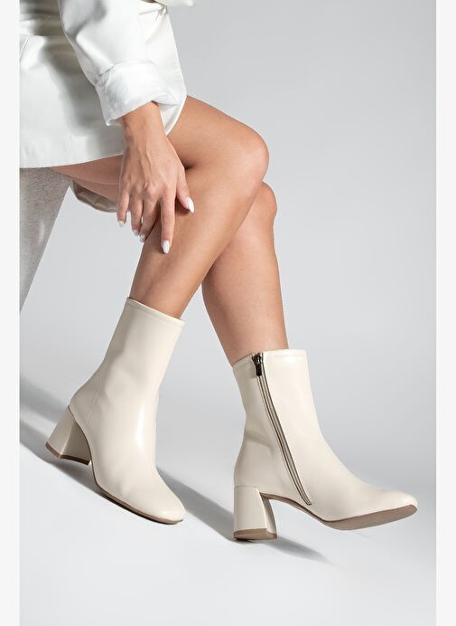 Kadın Topuklu Bot Küt Burun Fermuarlı Nonas Ekru - Görsel 3