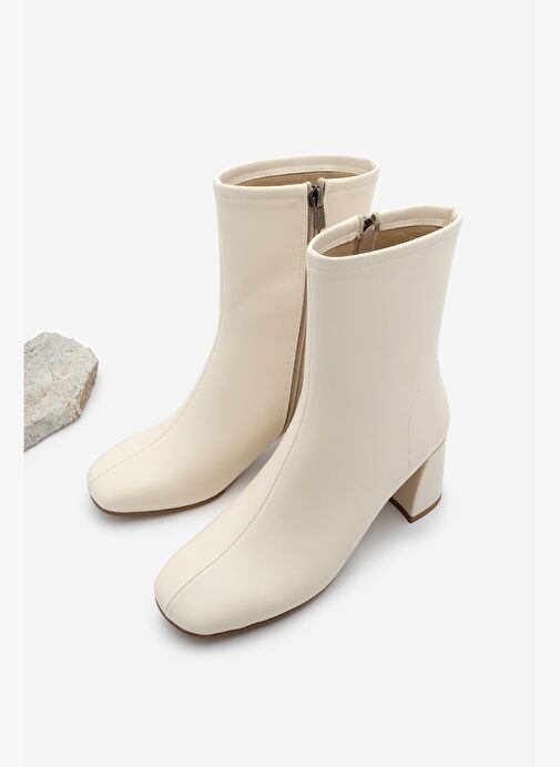 Kadın Topuklu Bot Küt Burun Fermuarlı Nonas Ekru - Görsel 2