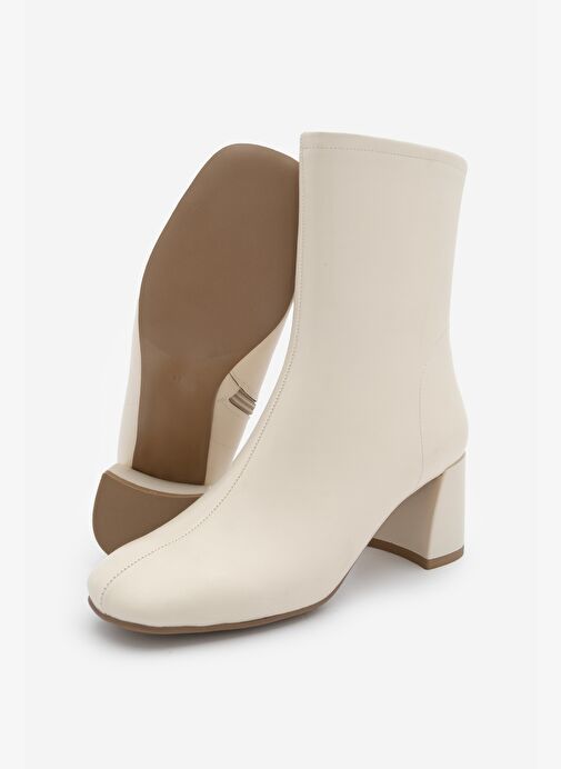 Kadın Topuklu Bot Küt Burun Fermuarlı Nonas Ekru - Görsel 8