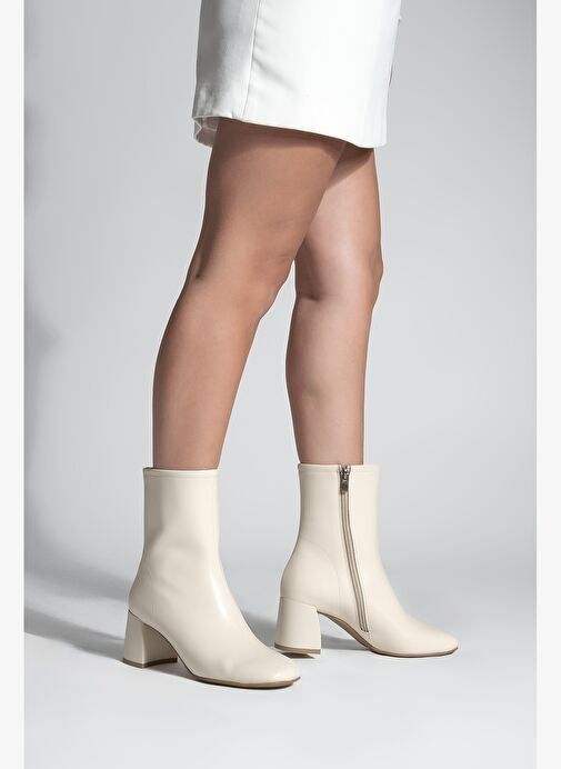 Kadın Topuklu Bot Küt Burun Fermuarlı Nonas Ekru - Görsel 5
