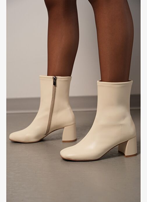 Kadın Topuklu Bot Küt Burun Fermuarlı Nonas Ekru - Görsel 7