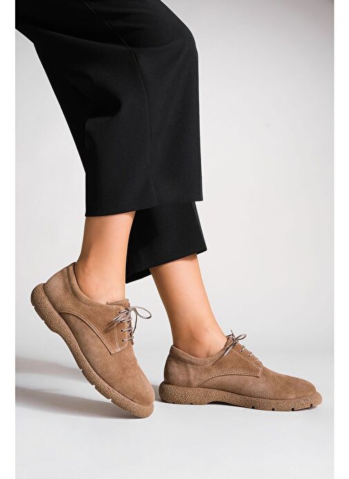 Kadın Hakiki Deri Oxford Ayakkabı Bağcıklı Günlük Ayakkabı Alyen Taba Süet - Görsel 2