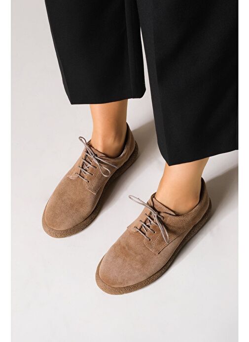 Kadın Hakiki Deri Oxford Ayakkabı Bağcıklı Günlük Ayakkabı Alyen Taba Süet - Görsel 4