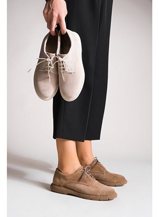 Kadın Hakiki Deri Oxford Ayakkabı Bağcıklı Günlük Ayakkabı Alyen Taba Süet - Görsel 6