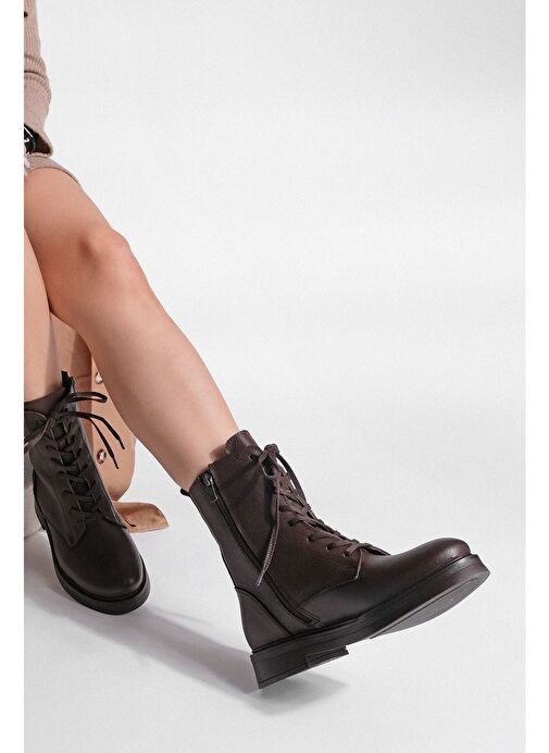 Kadın Hakiki Deri Postal Bot Bağcıklı Fermuarlı Kafle Kahve - Görsel 5