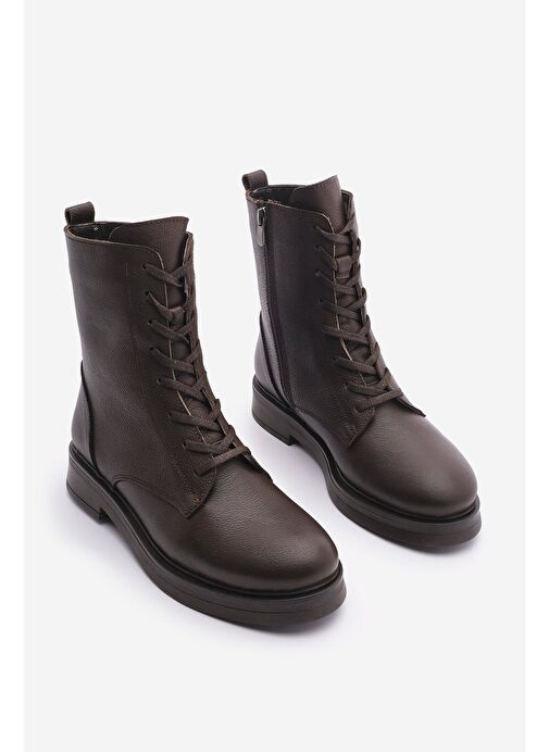 Kadın Hakiki Deri Postal Bot Bağcıklı Fermuarlı Kafle Kahve - Görsel 8