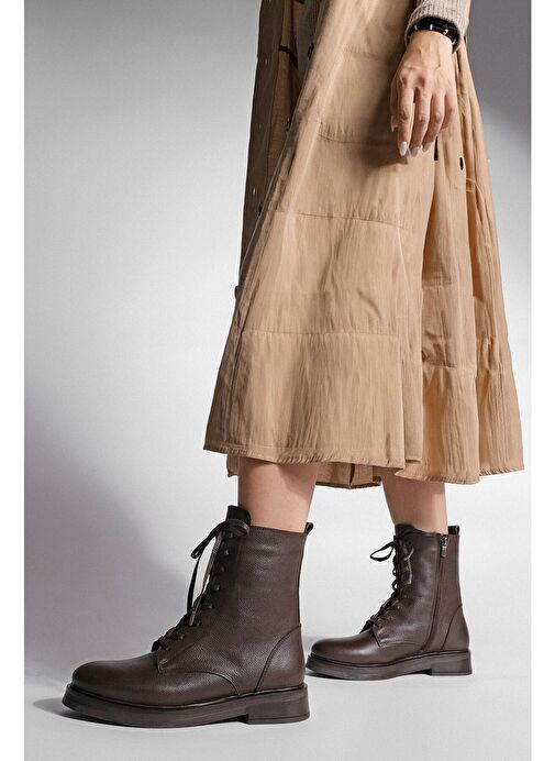 Kadın Hakiki Deri Postal Bot Bağcıklı Fermuarlı Kafle Kahve - Görsel 7