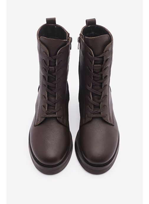 Kadın Hakiki Deri Postal Bot Bağcıklı Fermuarlı Kafle Kahve - Görsel 3