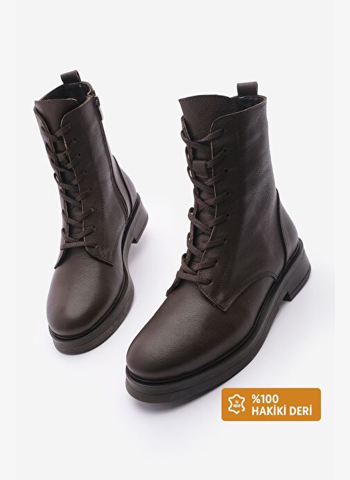 Kadın Hakiki Deri Postal Bot Bağcıklı Fermuarlı Kafle Kahve - Görsel 2