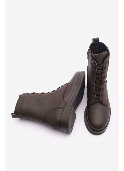 Kadın Hakiki Deri Postal Bot Bağcıklı Fermuarlı Kafle Kahve - Görsel 4