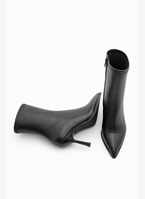 Kadın Topuklu Bot Sivri Burun Kadeh Ökçe Günlük Klasik Bot Holes Siyah - Görsel 7