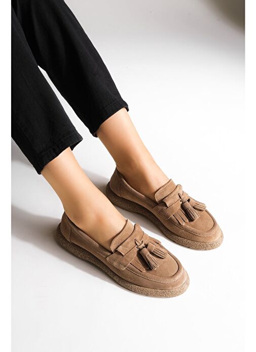 Kadın Hakiki Deri Loafer Günlük Ayakkabı Suma Taba Süet - Görsel 3
