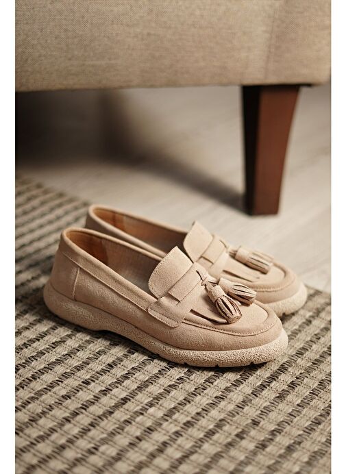 Marjin Kadın Hakiki Deri Loafer Günlük Ayakkabı Suma Bej Süet - Görsel 2